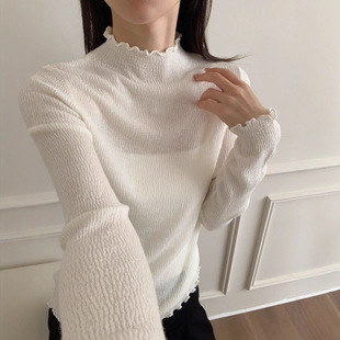 韩系半高领木耳边肌理感打底针织衫女秋冬季新款百搭内搭毛衣上衣