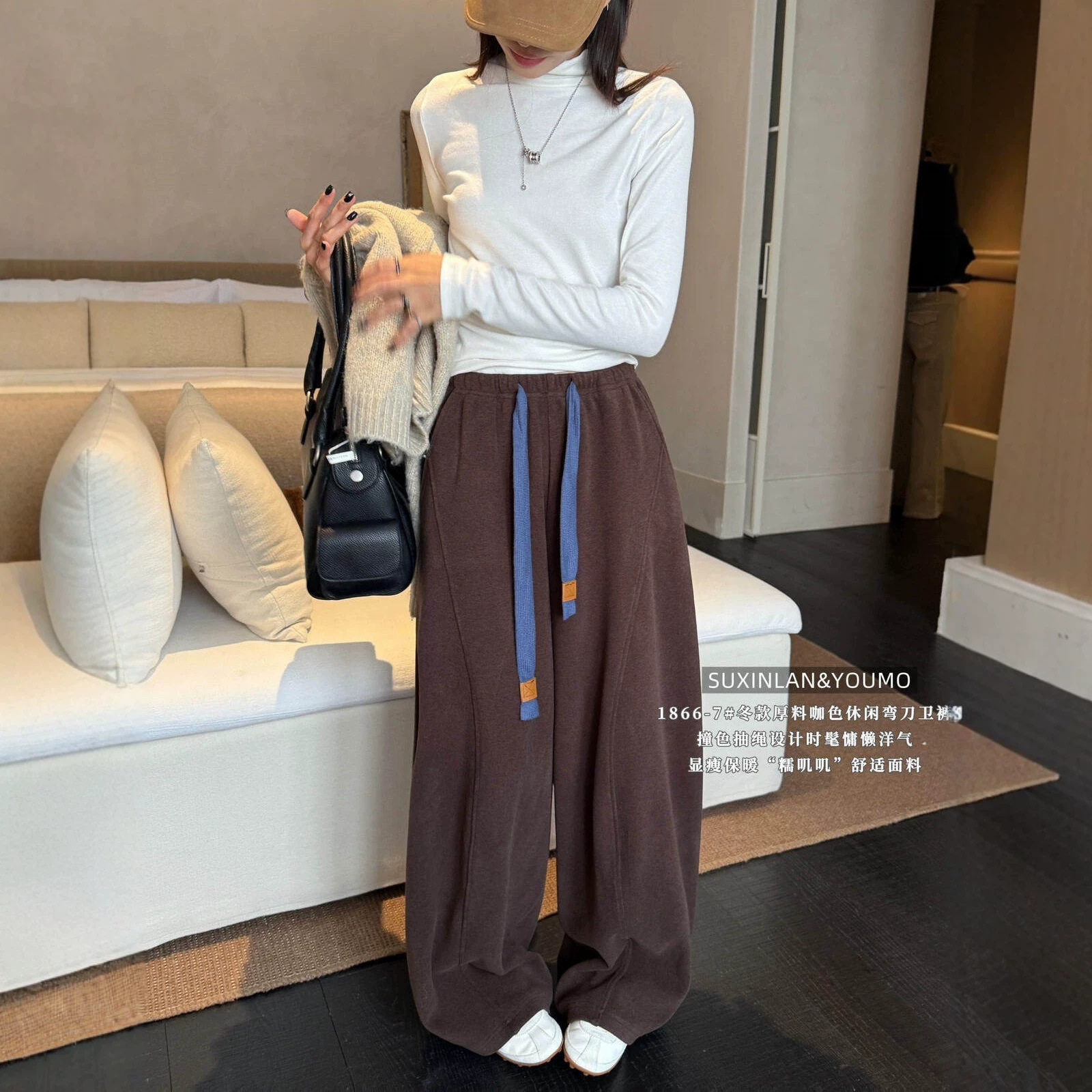 素心兰/YOUMO秋冬女时髦休闲风加绒加厚糯叽叽抽绳弯刀卫裤1866-7