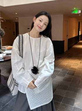 DIGM十三行女装2025秋冬新款韩系开衩天丝亚麻宽松显瘦圆领衬衫女