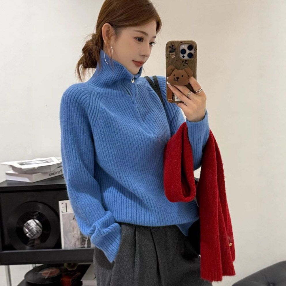 慵懒风坑条半拉链高领毛衣女秋冬新款宽松休闲加厚打底针织衫上衣