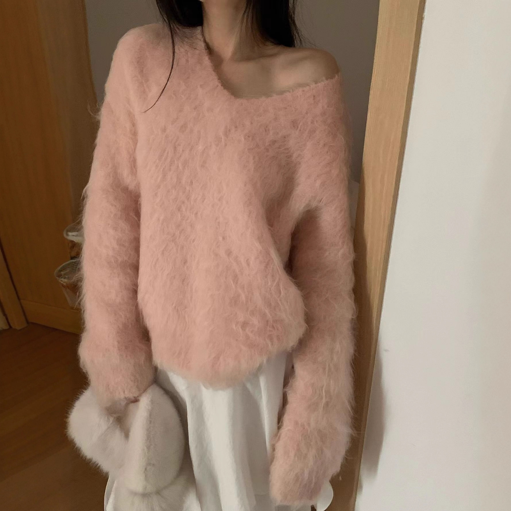 奶fufu圈圈纱V领软糯套头毛衣女秋冬新款宽松高级感针织衫上衣厚