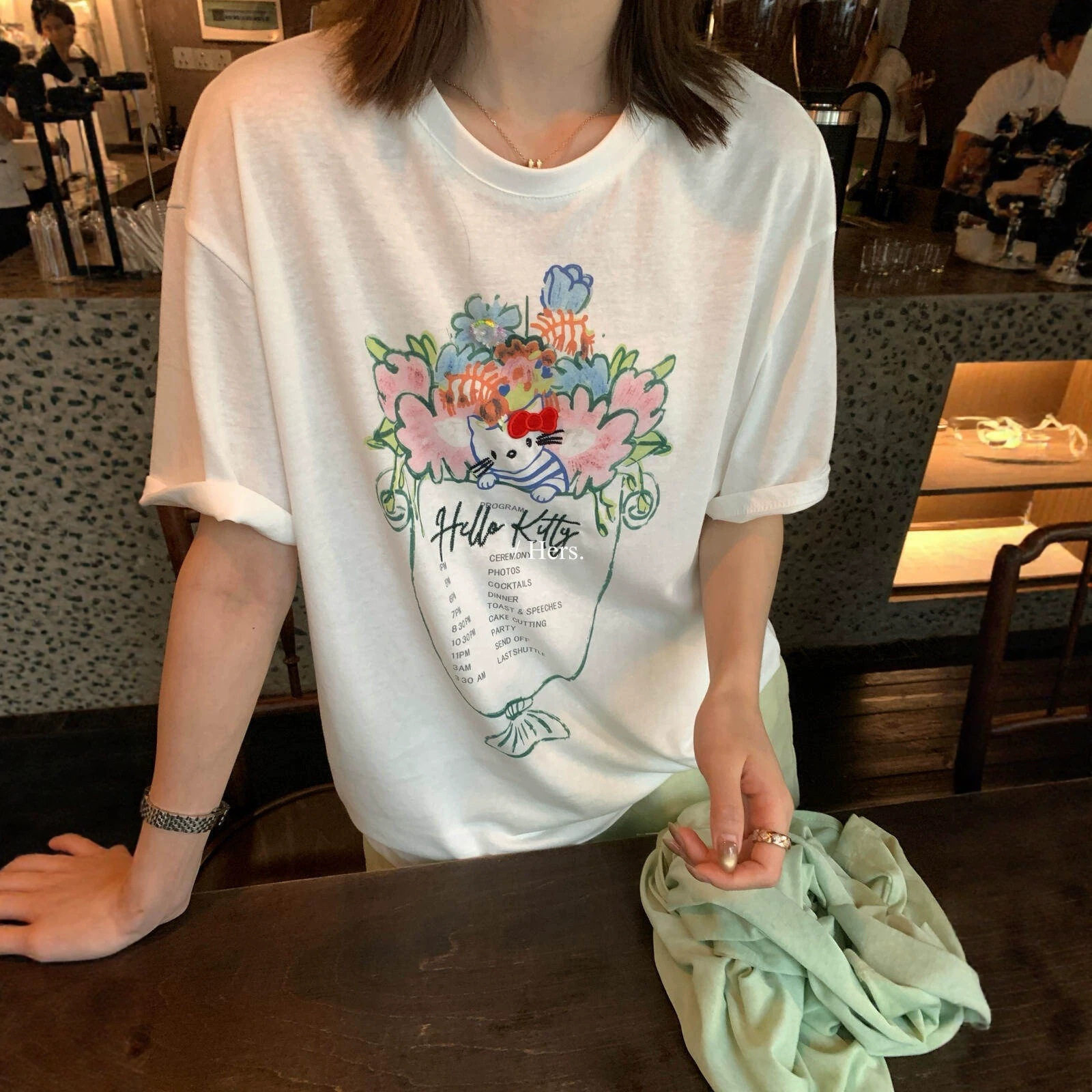 Hers一勺甜夏季韩系动漫卡通印花百搭宽松显瘦圆领短袖T恤女80680