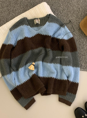 MZI STUDIO 秋冬新款韩系简约风条纹撞色V领长袖套头毛衣女25731