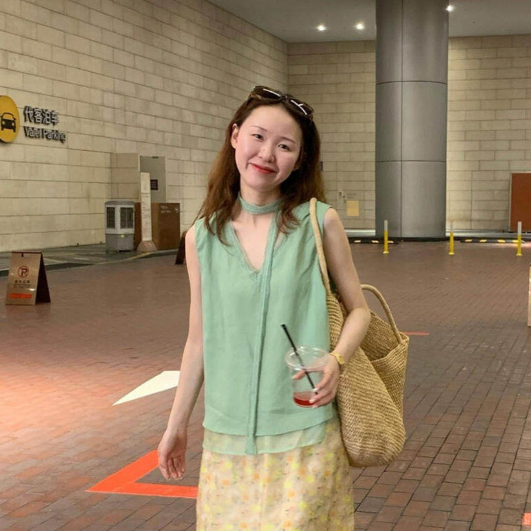 peanut花生家夏季韩系简约风蕾丝拼接V领无袖小衫女11330(配丝带)