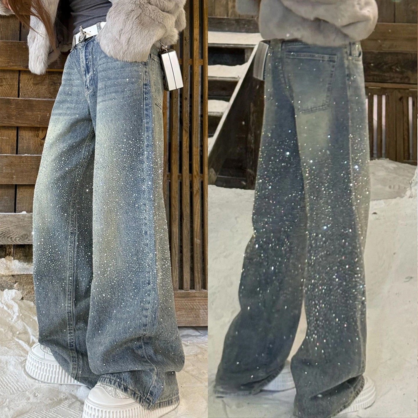 欧货烫钻亮闪闪加绒牛仔裤女2025冬季韩版时尚重工高级感阔腿长裤