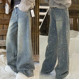 欧货烫钻亮闪闪加绒牛仔裤女2025冬季韩版时尚重工高级感阔腿长裤