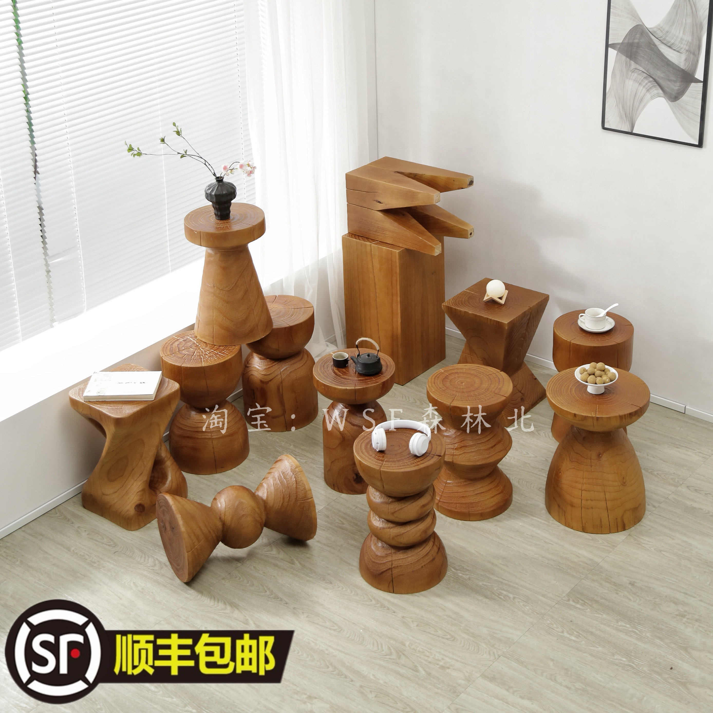 复古实木墩子原木凳子客厅茶几民宿酒店床头柜实木摆件树桩边角几