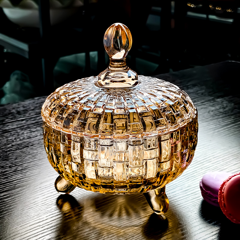 2025新款水晶玻璃碗带盖金色糖果
