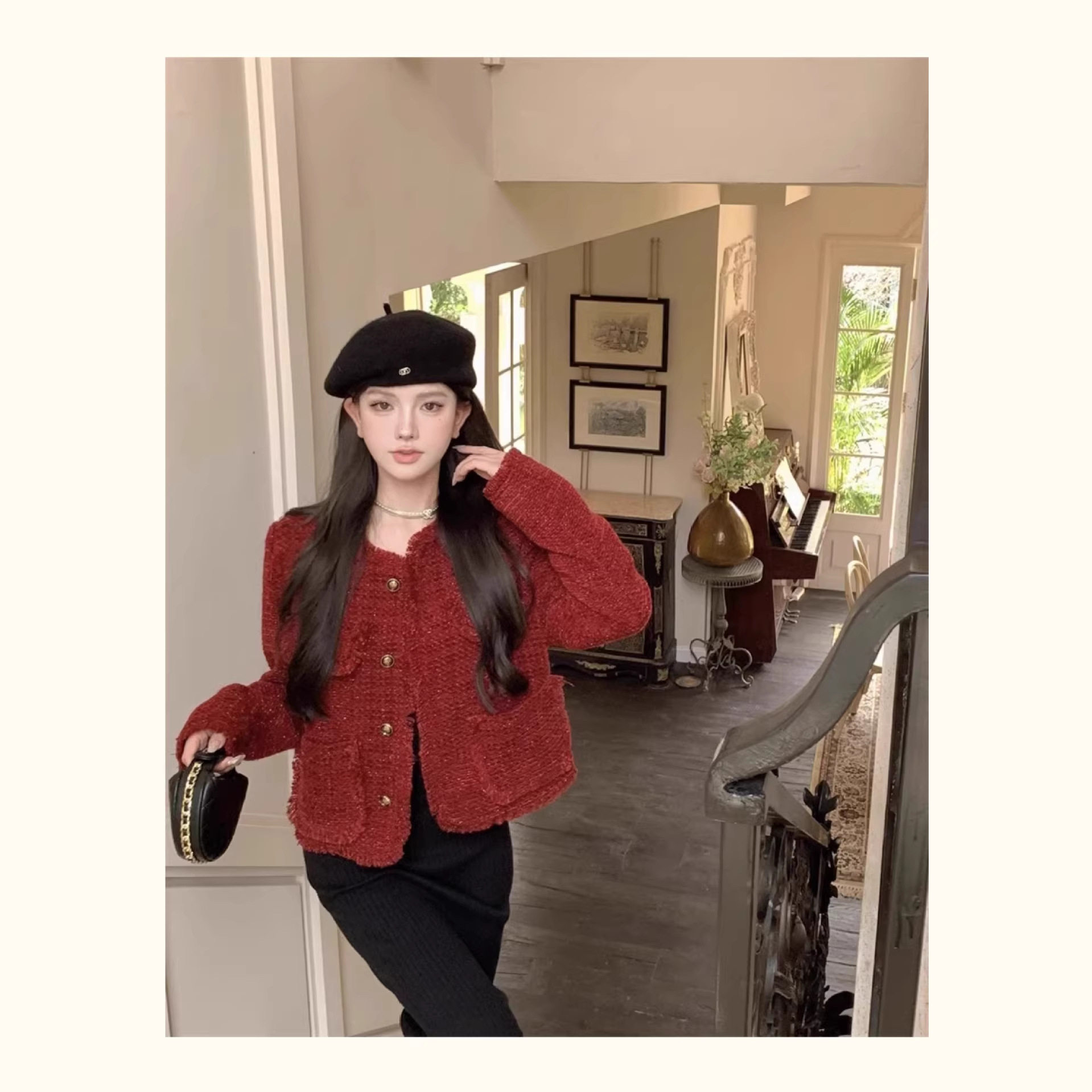 红色小香风短外套女秋冬