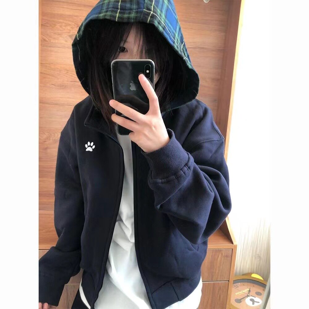 美式高街狗爪格子连帽卫