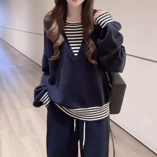 慵懒风条纹拼接假两件针