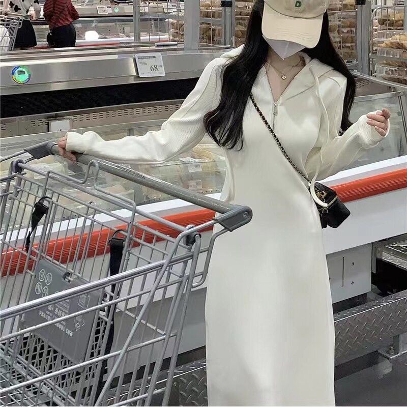 法式纯色连帽长袖卫衣裙