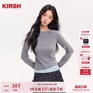 T恤女2026春季 韩系蝴蝶结印花上衣 撞色假两件拼接长袖 樱桃KIRSH