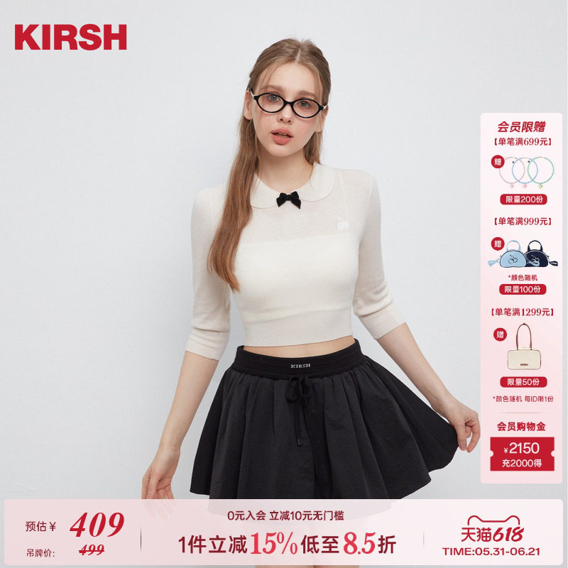 【张慧雯同款】樱桃KIRSH 娃娃领七分袖针织衫女25夏季蝴蝶结短袖