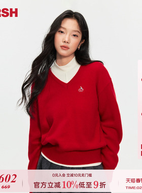 樱桃KIRSH 刺绣V领套头百搭针织衫女25秋冬韩系休闲红色毛衣上衣