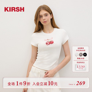 2025新款 樱桃KIRSH T恤女夏季 韩系烫钻印花修身 甜美正肩上衣 短袖