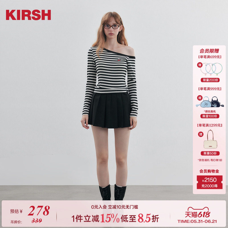 【徐艺洋同款】樱桃KIRSH刺绣条纹斜肩长袖T恤女春季甜美露肩上衣
