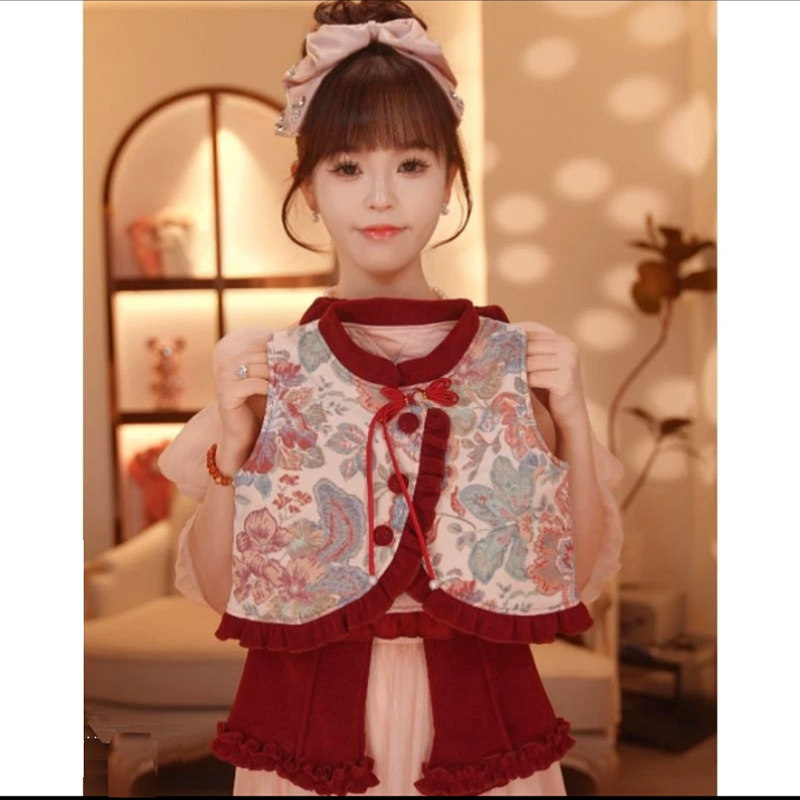 4岁女童新中式套装秋冬新款红色马甲加绒裤子5岁小女孩国风两件套