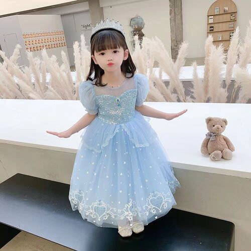 3-10岁女童爱沙公主裙夏装新款短袖冰雪奇缘艾莎连衣裙子儿童女孩
