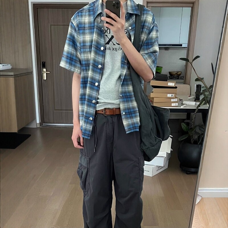 美式复古蓝格法兰绒短袖衬衫图片