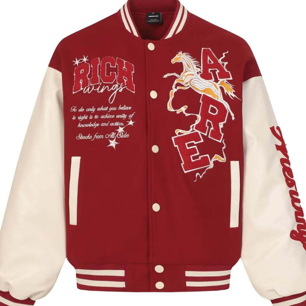 美式拼接皮袖刺绣棒球服男女宽松百搭休闲新年红色夹克情侣外套潮