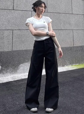 美式复古高街小众设计高级黑色西装休闲裤男女显瘦直筒阔腿拖地裤