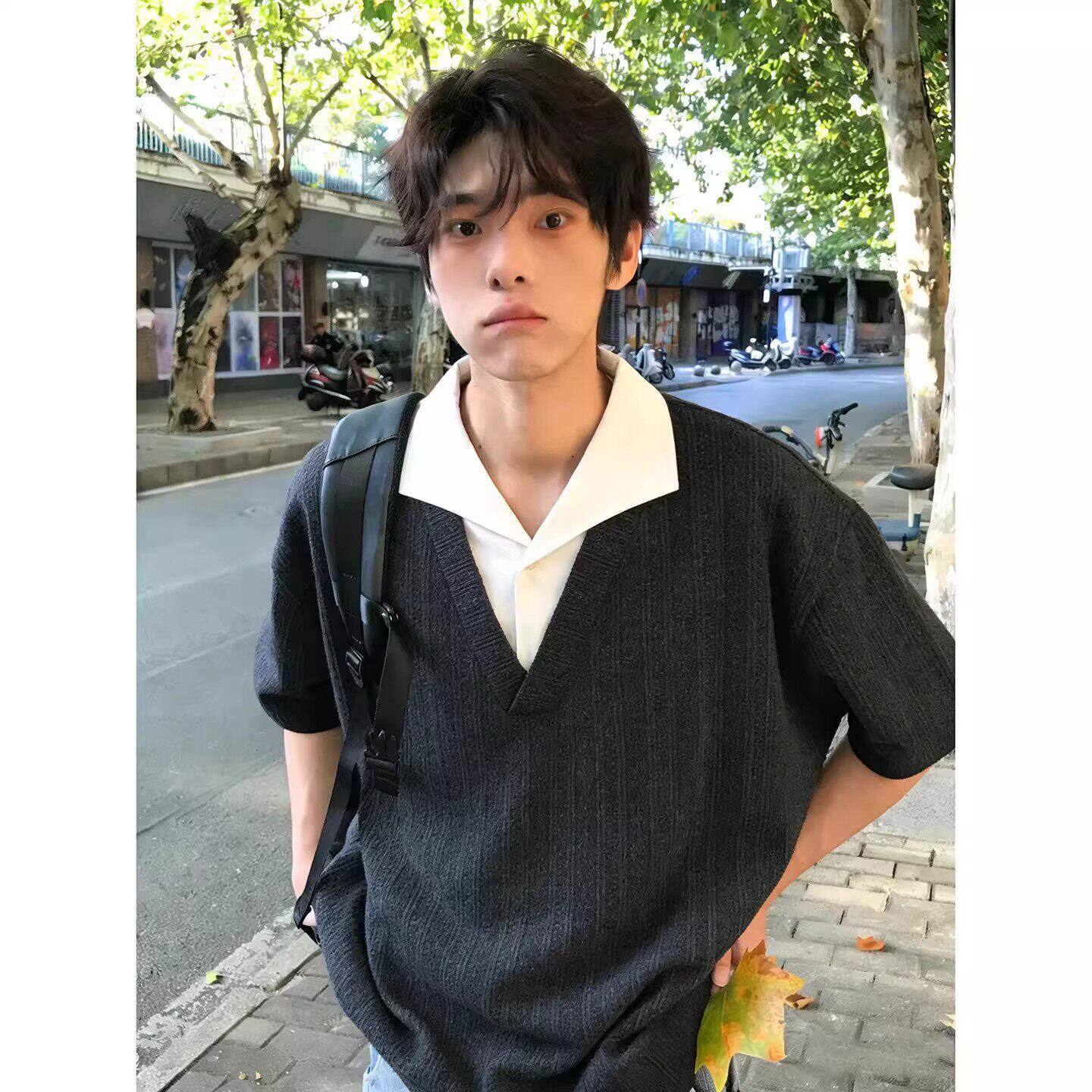 美式复古麦穗纹假两件短袖男女正肩翻领t恤老钱风polo衫半袖百搭