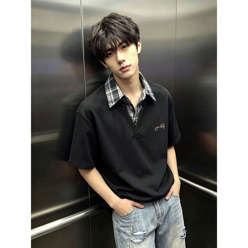 黑色假两件polo衫短袖男女式刺绣t恤潮衬衫翻领正肩半袖百搭休闲