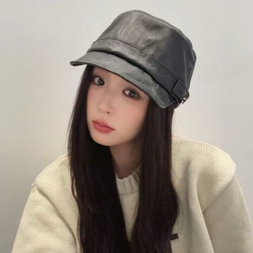 复古PU皮质平顶马术帽女