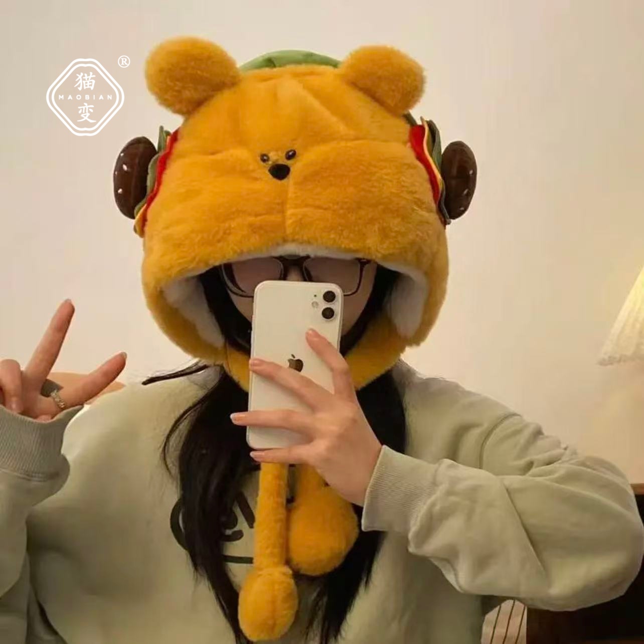 可爱汉堡小熊毛绒帽子女加绒加厚