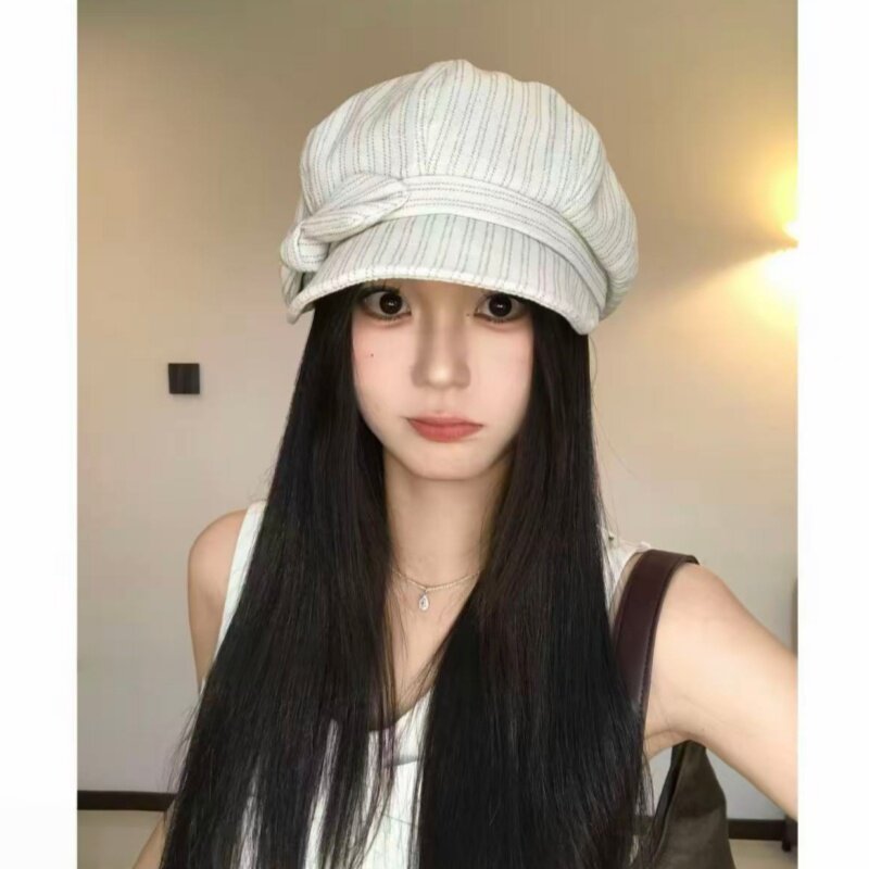 条纹蝴蝶结八角贝雷帽女春夏薄款文艺百搭显脸小云朵报童画家帽子