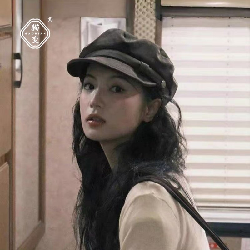 张雅钦同款棕咖色麂皮绒贝雷帽女