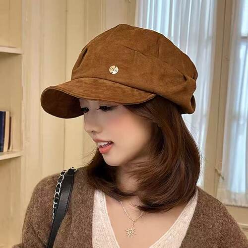 日系复古麂皮绒褶皱八角帽女秋冬