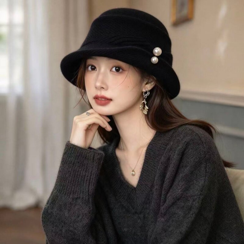 赫本风毛呢珍珠卷边渔夫帽子女秋冬季时尚高级感法式千金优雅礼帽