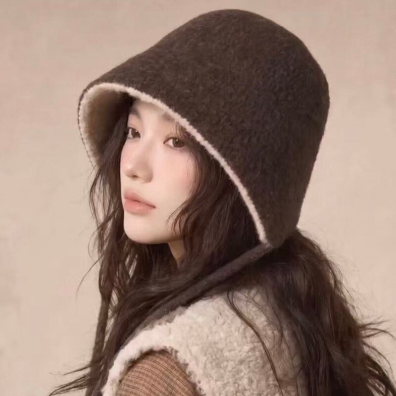 韩版素颜纯色渔夫帽女生咖啡色绑带针织盆帽气质圆顶保暖水桶帽子