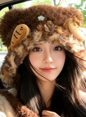 可爱小鱼猫咪毛绒护耳帽女秋冬显脸小针织毛线帽保暖防寒雷锋帽子