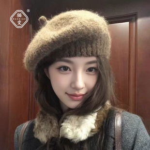 韩系氛围感马海毛针织贝雷帽女秋冬百搭保暖显脸小画家帽毛线帽子