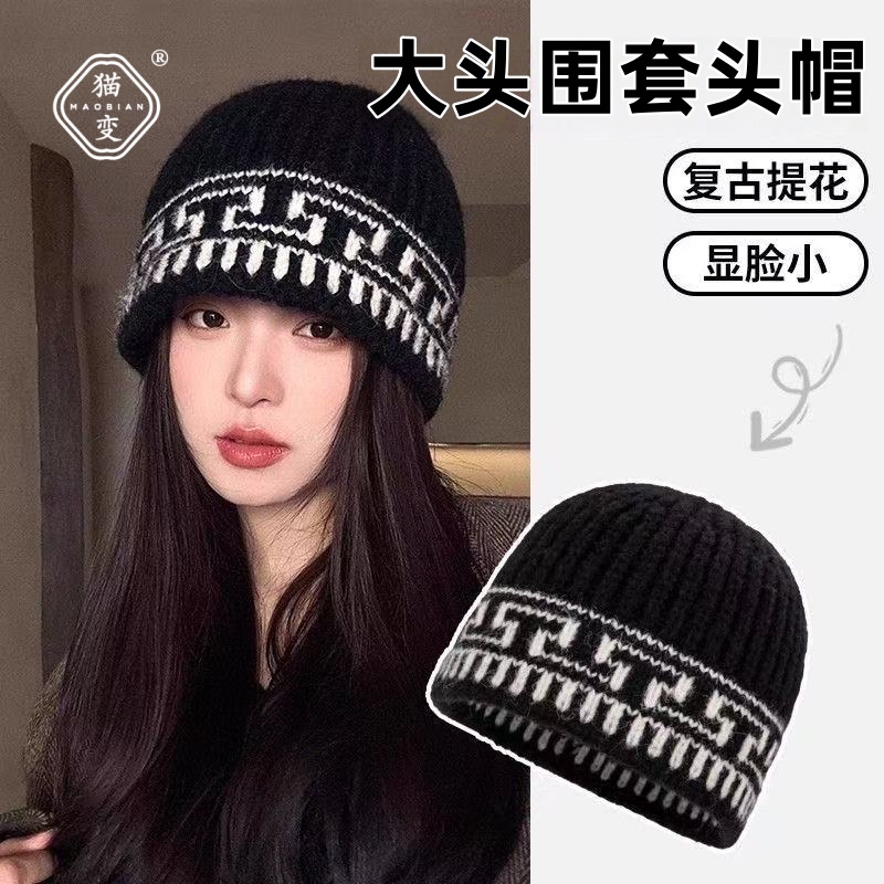 大头围韩版复古提花套头帽子女