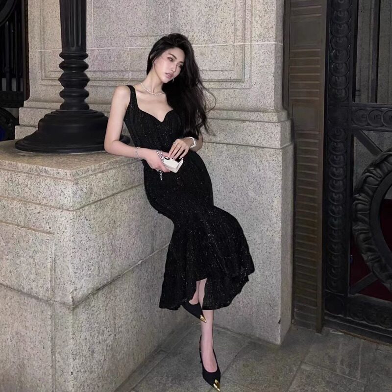 HEPBURN-STYLE DRESS DRESS LIGHT LUXURY NICHE HIGH-END TEMPERAMENT CELEBRITY BIRTHDAY DRESS BLACK FISHTAIL SLIP DRESS
