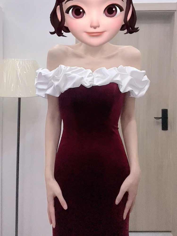 약혼식 레드 이브닝 드레스 하이 엔드 라이트 럭셔리 틈새 토스트 착용 연례 파티 여성용 원 숄더 벨벳 드레스