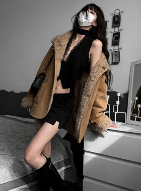 JIYA2025秋冬两面穿皮毛一体羊羔毛外套女加厚机车服宽松毛毛上衣