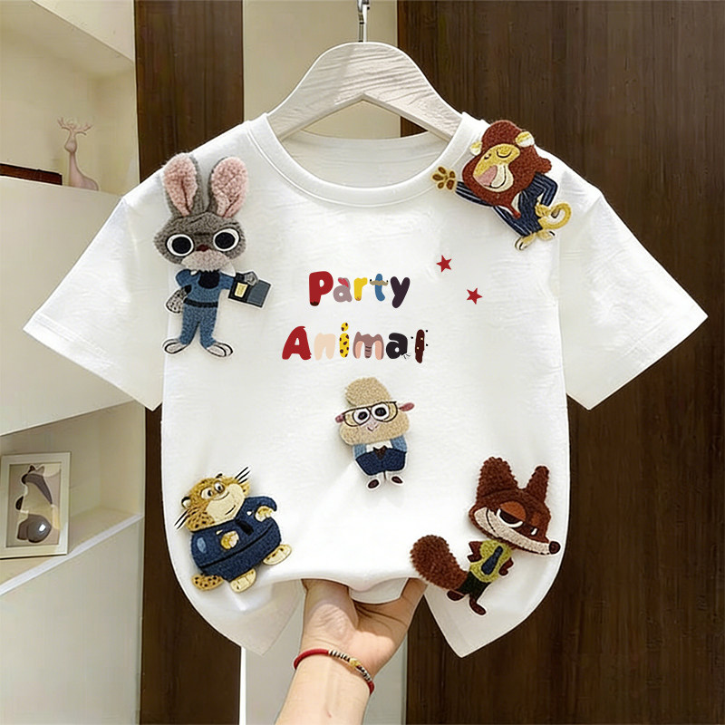 儿童立体玩偶疯狂动物娃娃短袖T恤纯棉夏季中大童宽松男女童上衣