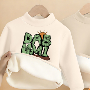 白色童装半高领卡通印花长袖T恤男女童摇粒绒加绒休闲保暖打底衫