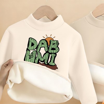 白色童装半高领卡通印花长袖T恤