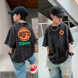 夏季儿童2025新款纯棉重磅做旧百搭短袖t恤男童潮流中大童水洗衫