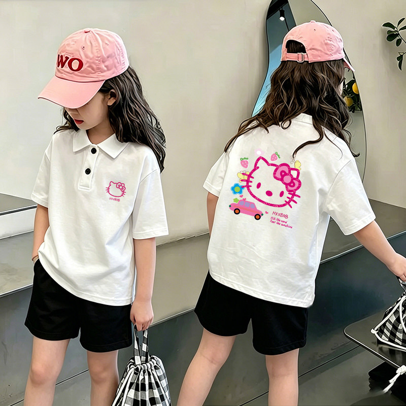 夏季新款HelloKitty女童短袖T恤Polo衫纯棉翻领卡通可爱女宝上衣