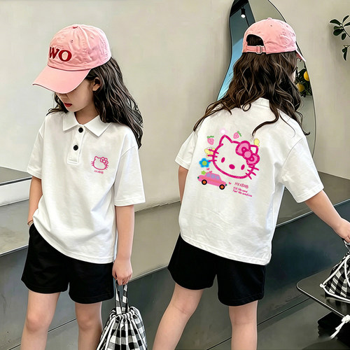 夏季新款HelloKitty女童短袖T恤Polo衫纯棉翻领卡通可爱女宝上衣