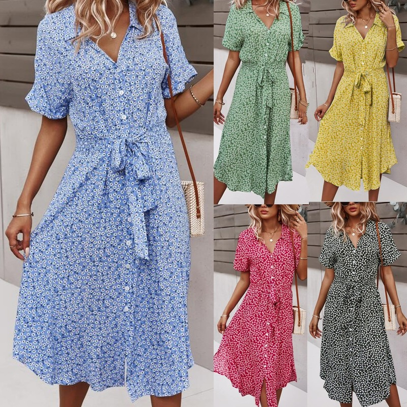 不规则V领中腰印花连衣裙Irregular V-neckmid waist print dress