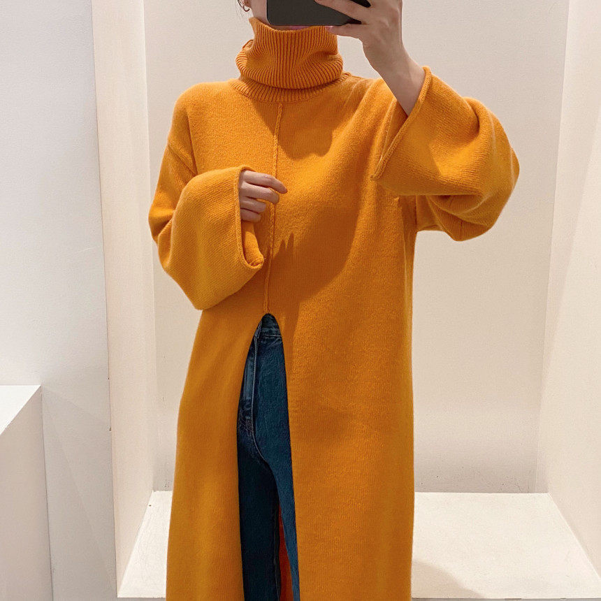 Vintage turtleneck slit pullover dress高领开叉套头毛衣连衣裙