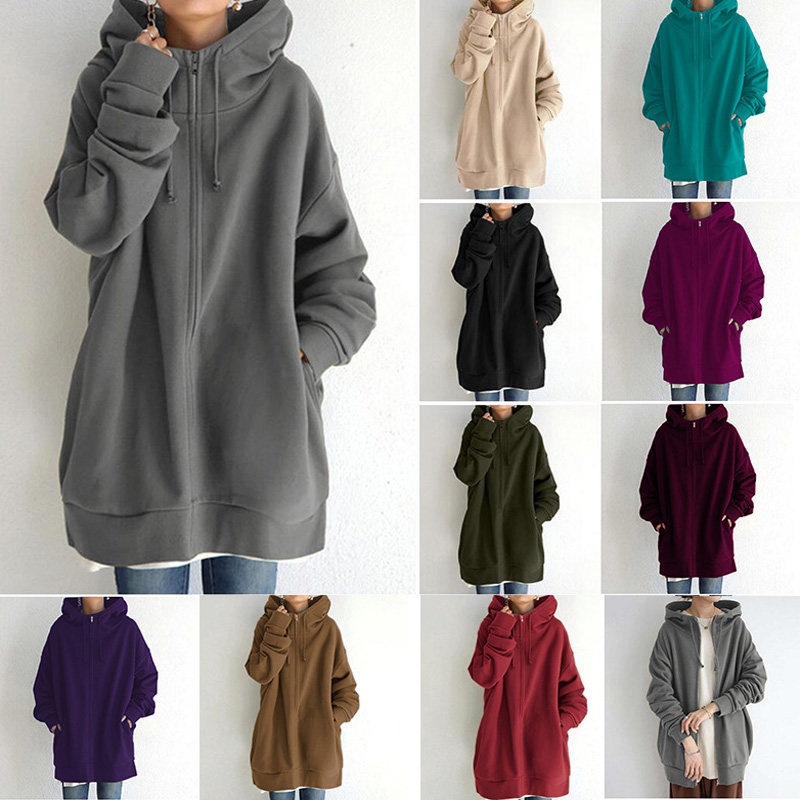 Zipper hooded long coat with velvet 时尚拉链连帽长款加绒外套